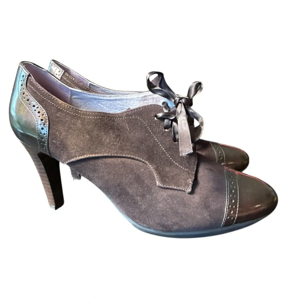 ▶️ JOHNSTON & MURPHY ◀️ Chocolste Brown Suede Oxford  Patent Heels Lace up 7.5